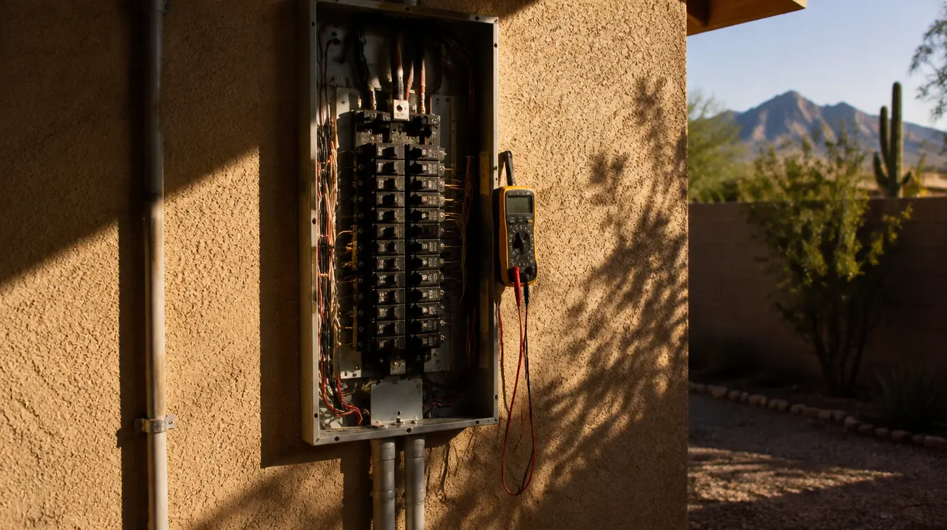 An electrical panel on a stucco wall with the cover off, in hard Arizona sunlight.
