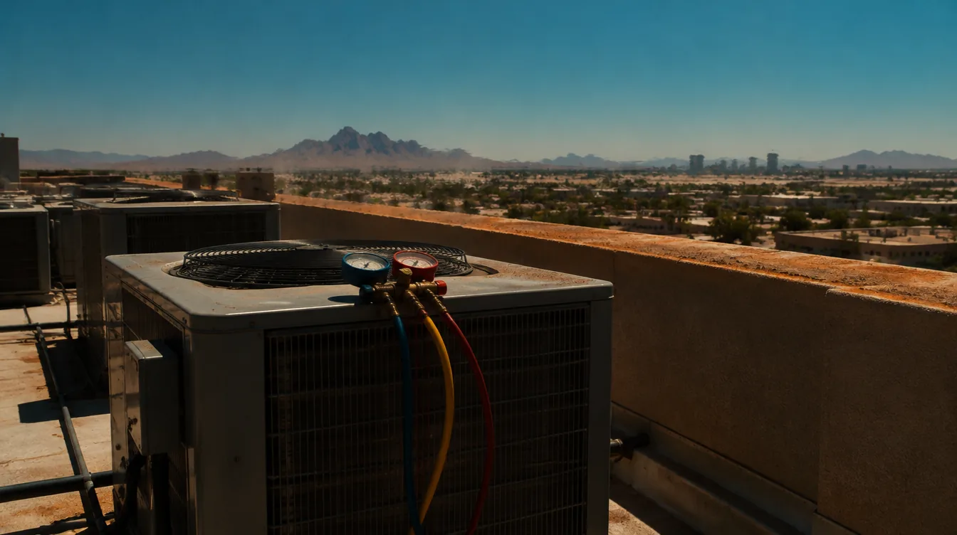 Rooftop air-conditioning units on a flat commercial roof in Phoenix in July.