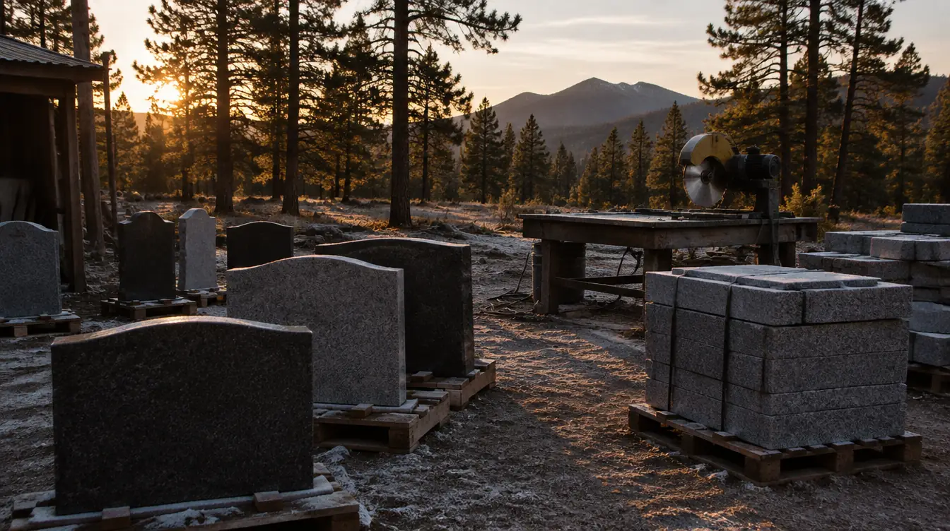 Blank granite memorial stones and stacked block in a Flagstaff stone yard at first light.
