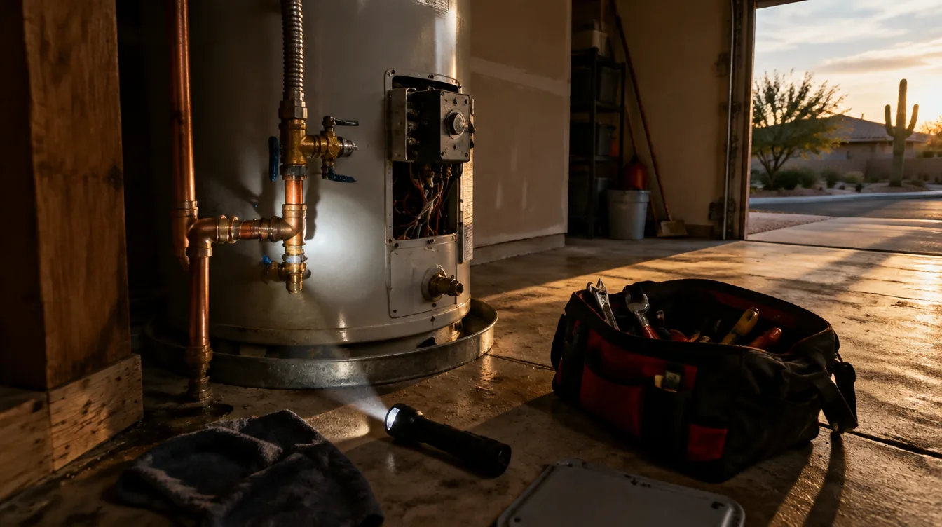A water heater in an Arizona garage with its panel off and a flashlight across the copper lines.