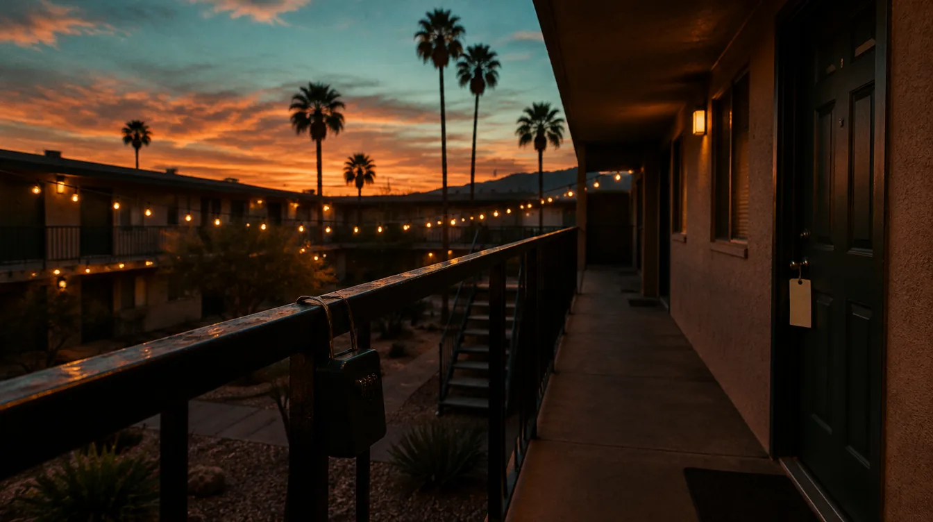 An apartment breezeway in Tempe at dusk with courtyard lights coming on.