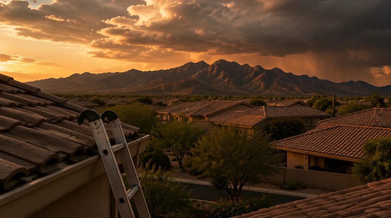 A ladder hooked over the eave of a tile roof in Tucson with monsoon clouds building.