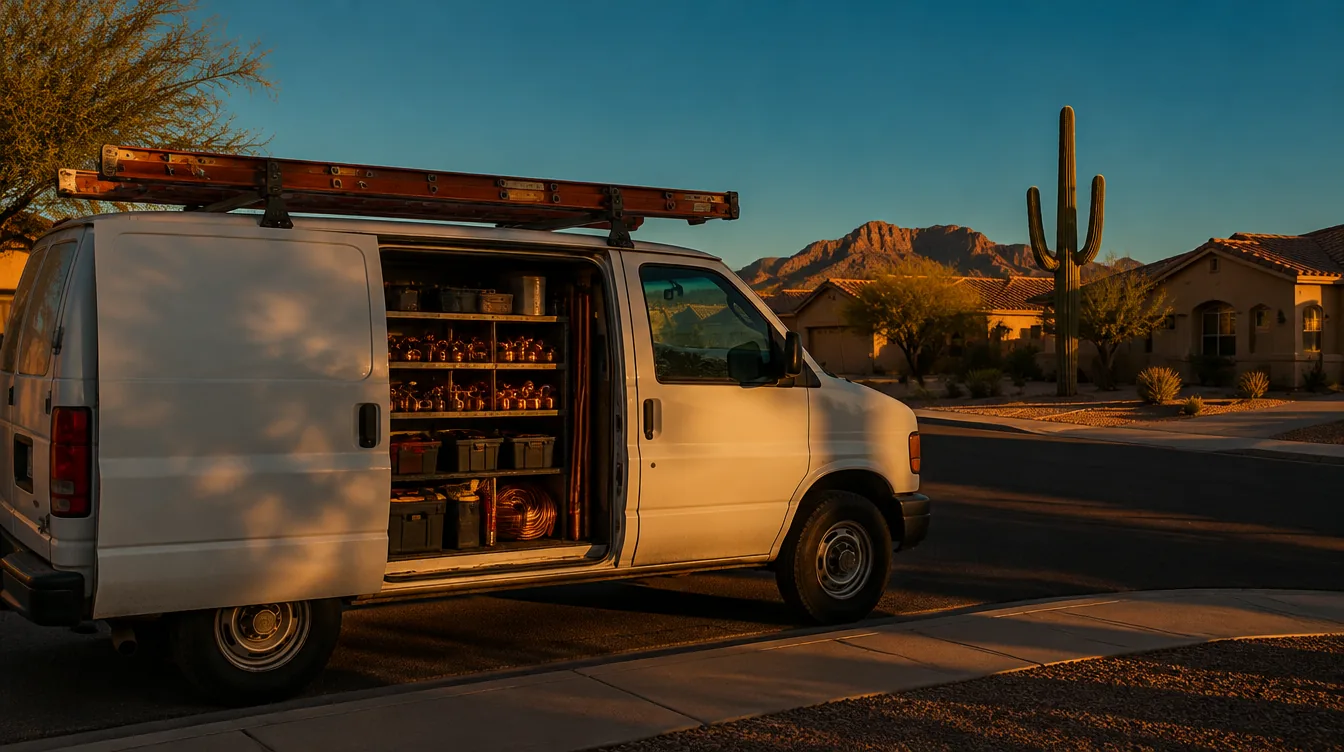 A contractor’s work van with the side door open on a Mesa street at sunset.